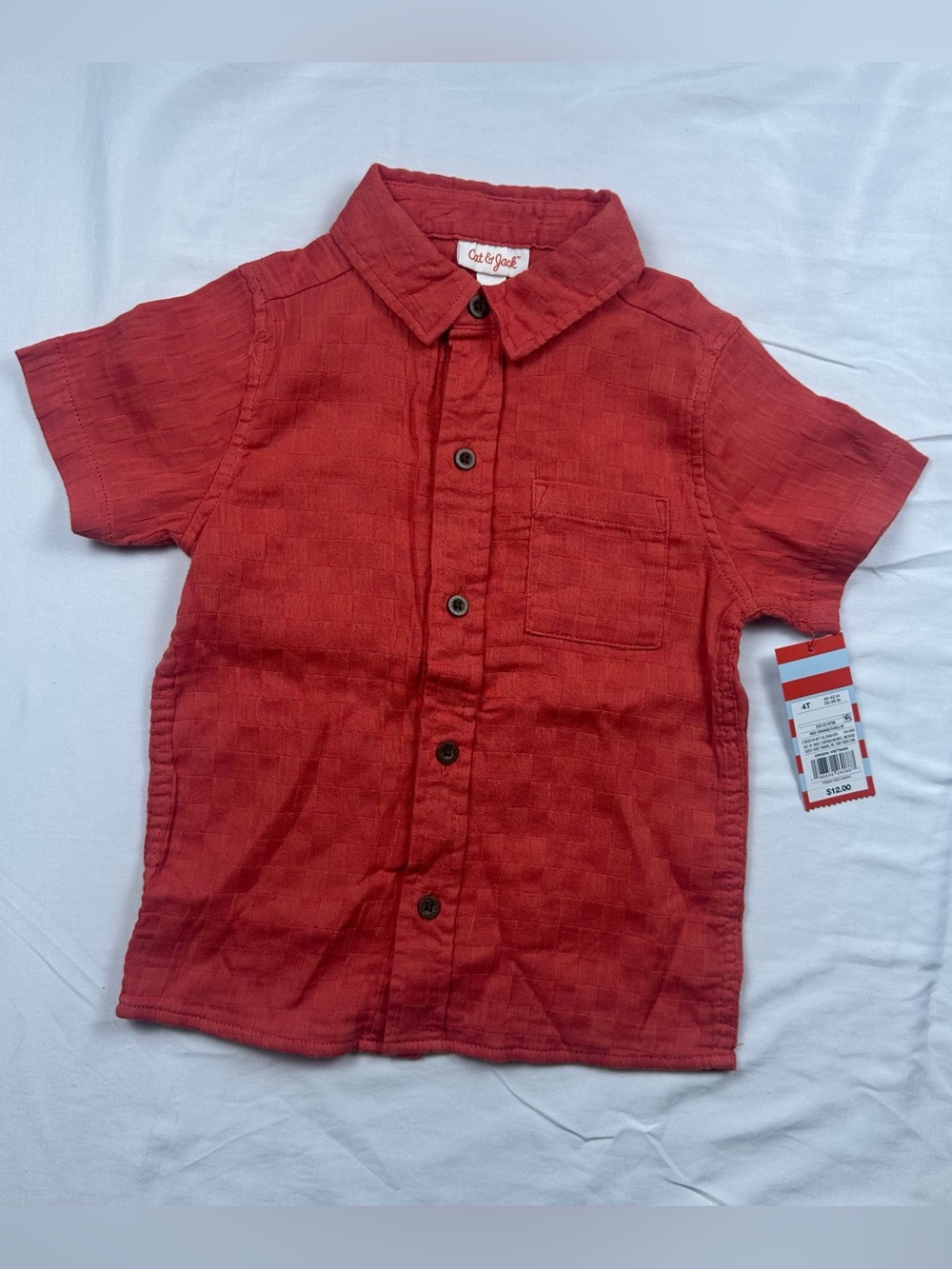 NWT Cat & Jack Red Orange Short Sleeve Button-Down Shirt w/ Front Pocket Boys 4T